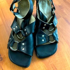 Black Fluevog sandals with ankle strap, fit size 8